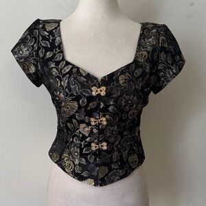 Hampton Nites Petites gold silver floral jacquard weave short sleeve top